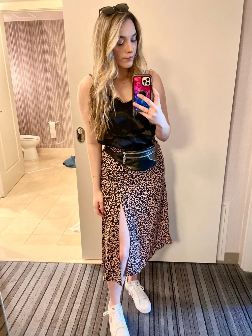 SHEIN Leopard-Print Midi Skirt with Front Slit - Black/Tan